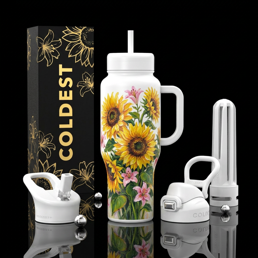 Oil painted sunflowers with little pink lilies, be... water bottle design