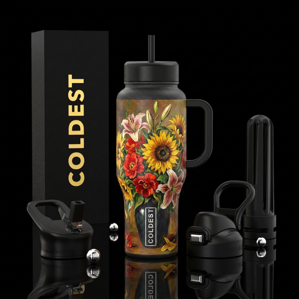 Oil painted sunflowers banquets with red flowers,l... water bottle design