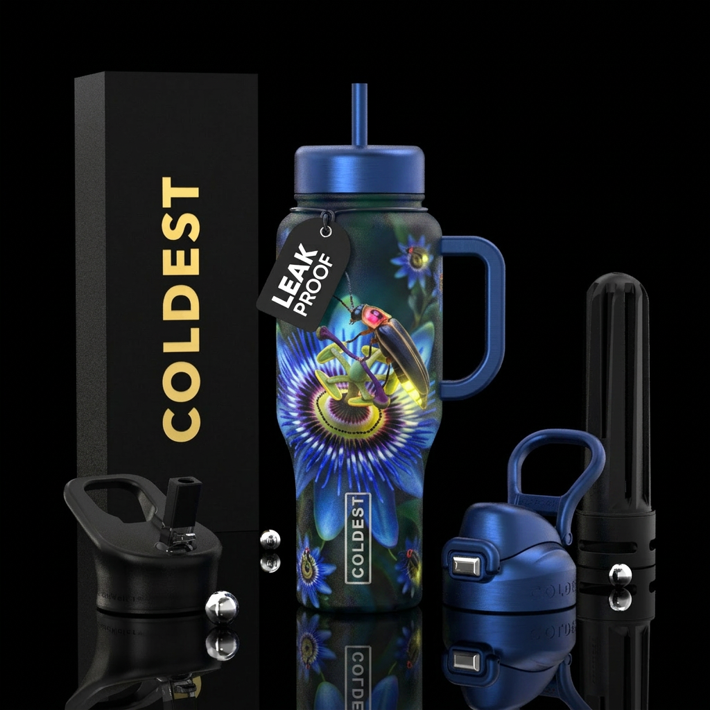 Fireflie on a beautiful flower water bottle design
