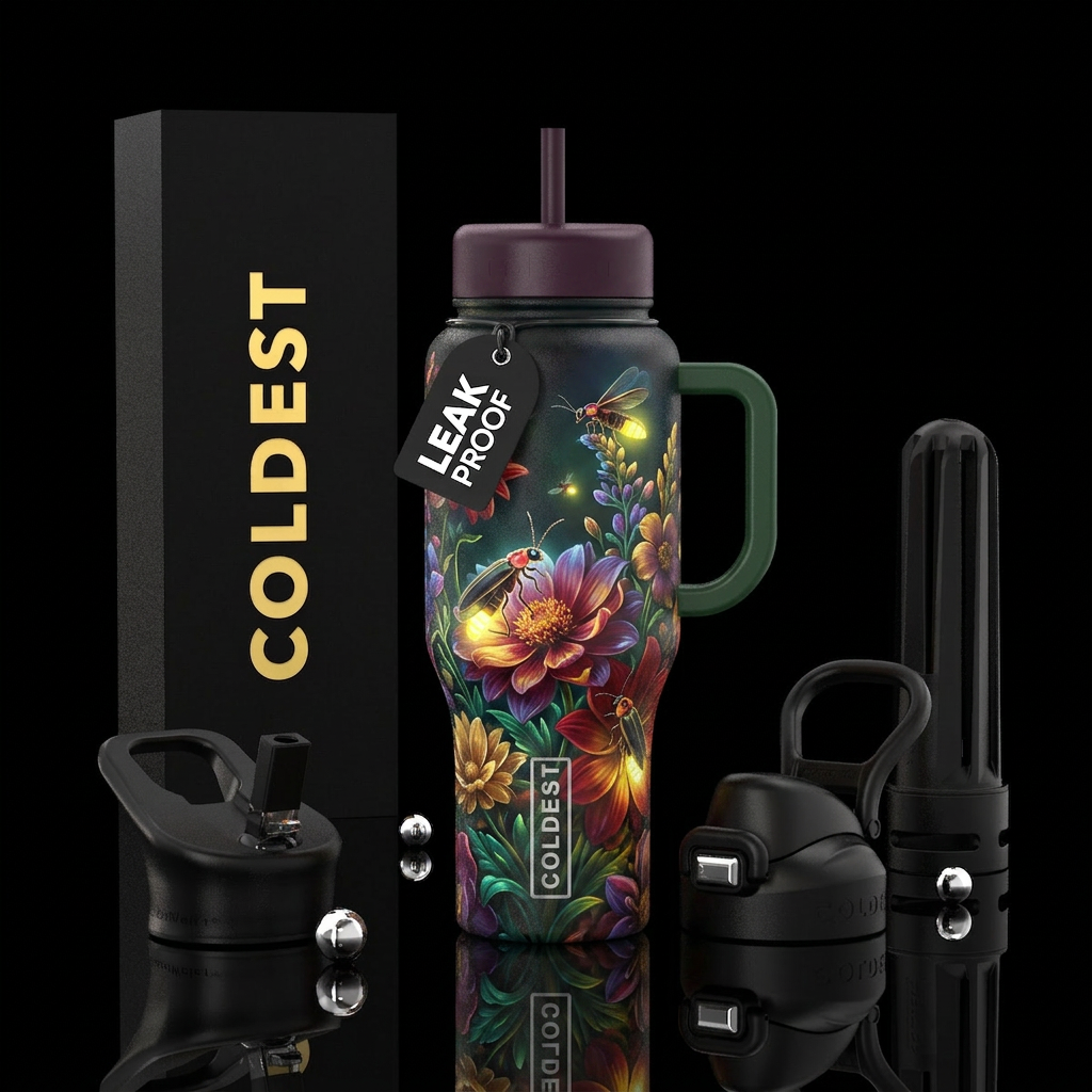 Fireflie on a beautiful flower water bottle design