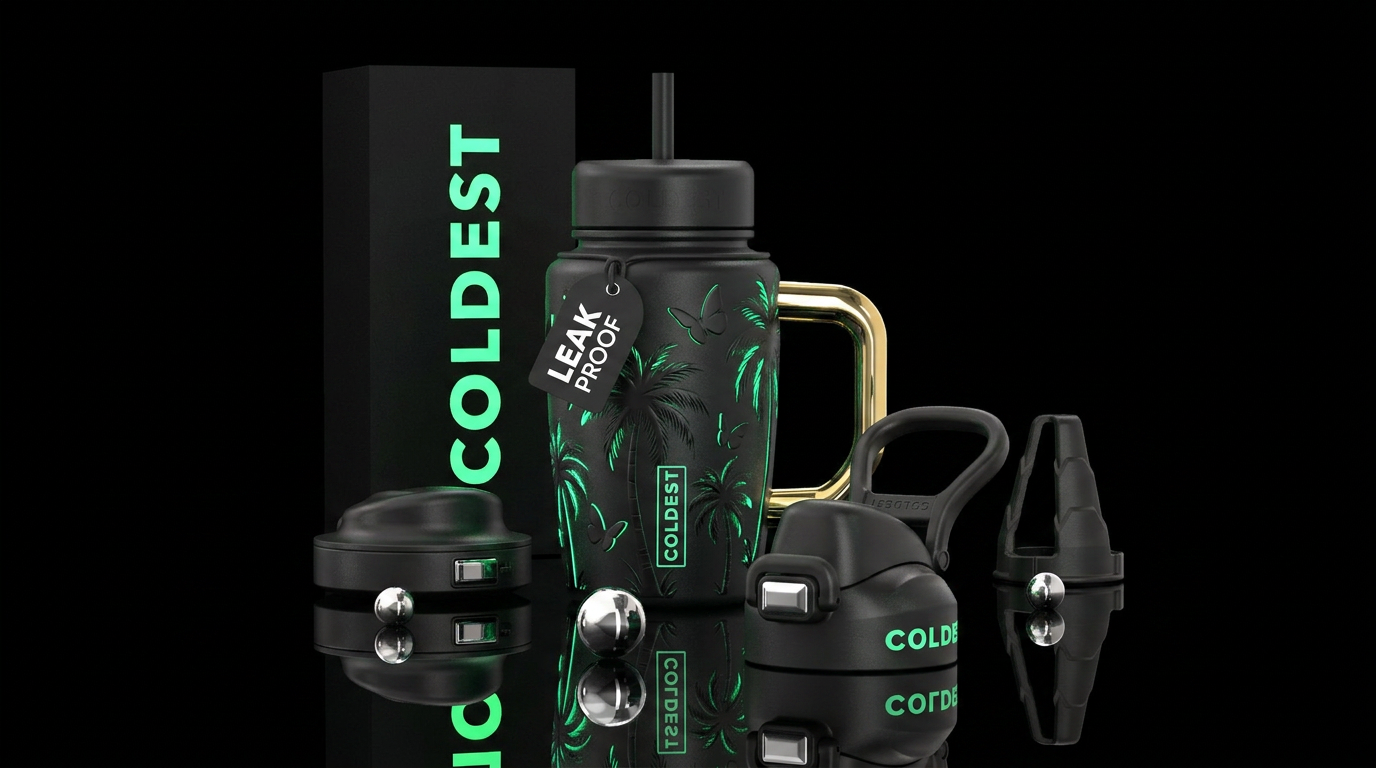 palm trees, glowie, realism, matte, butterfly water bottle design