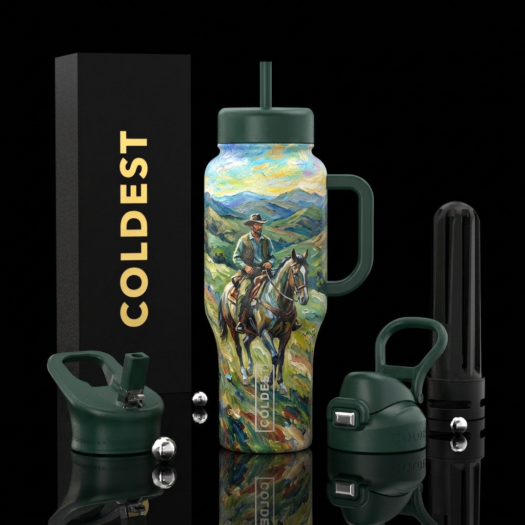 Oil painting of a guy horse back riding in the hil... water bottle design