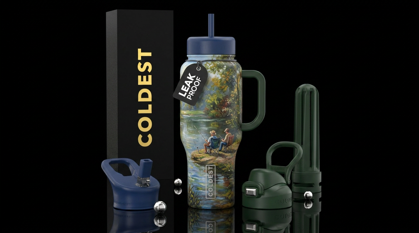 Oil painting of a tree, pond 2 chairs & 2 people f... water bottle design