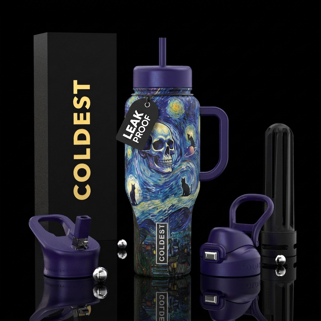 Skull starry night, cats water bottle design