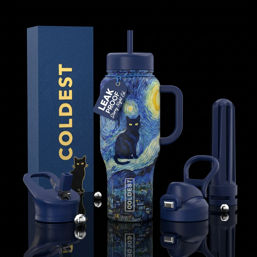Van gough and starry night,  the black cat water bottle design
