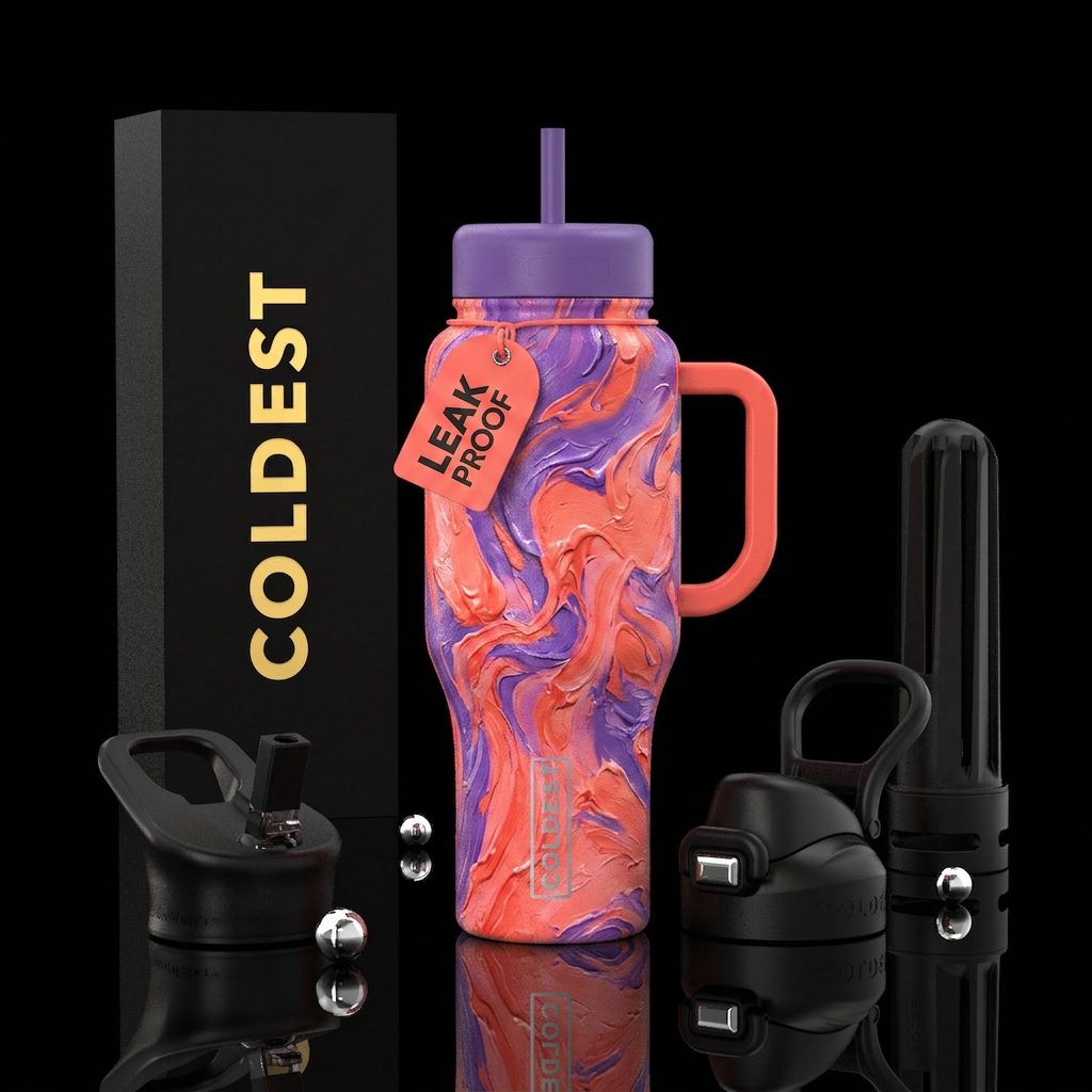 Oil painted marble bright coral & purple water bottle design