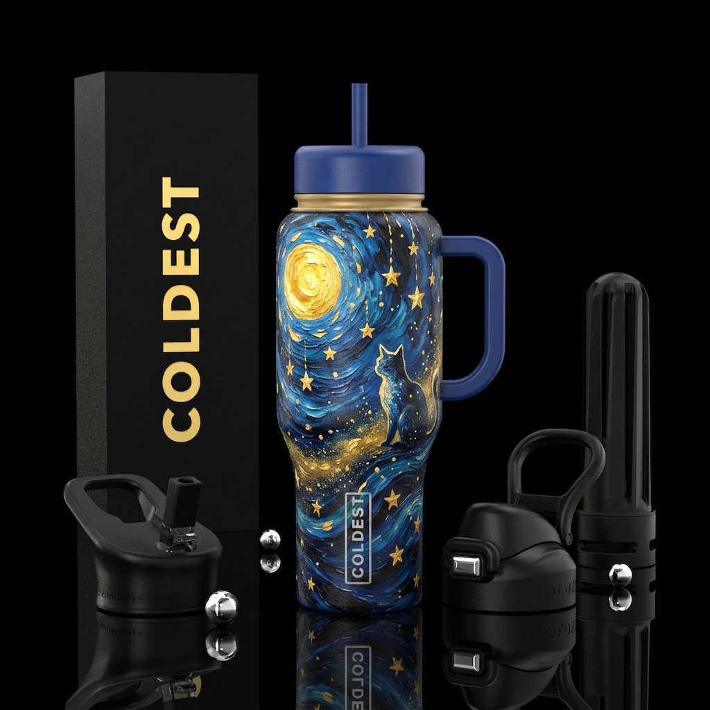 Oil painted gold moon starry night w/ a cat marble water bottle design