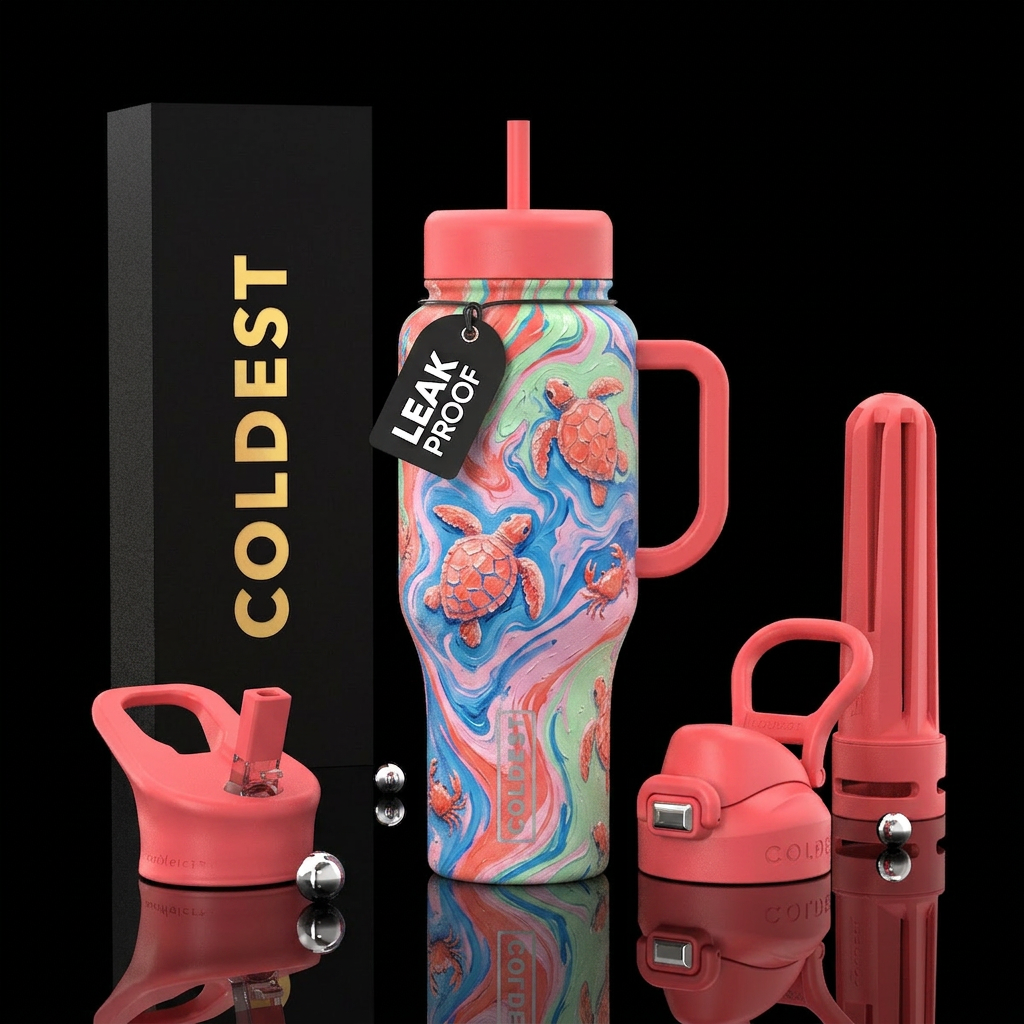 Oil painted marble, Coral,Blue, pink & light green... water bottle design