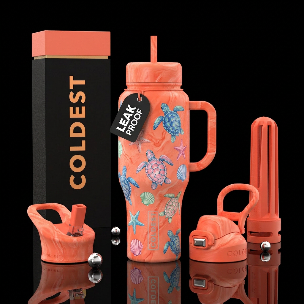 Oil painted marble, Coral,Blue, pink & light green... water bottle design