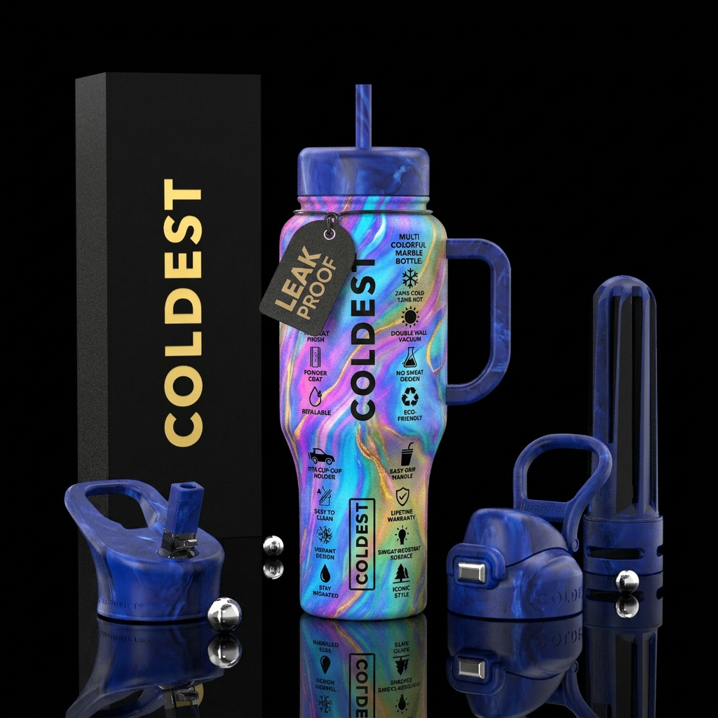 Multi colorful marble bottle black writing w/impri... water bottle design