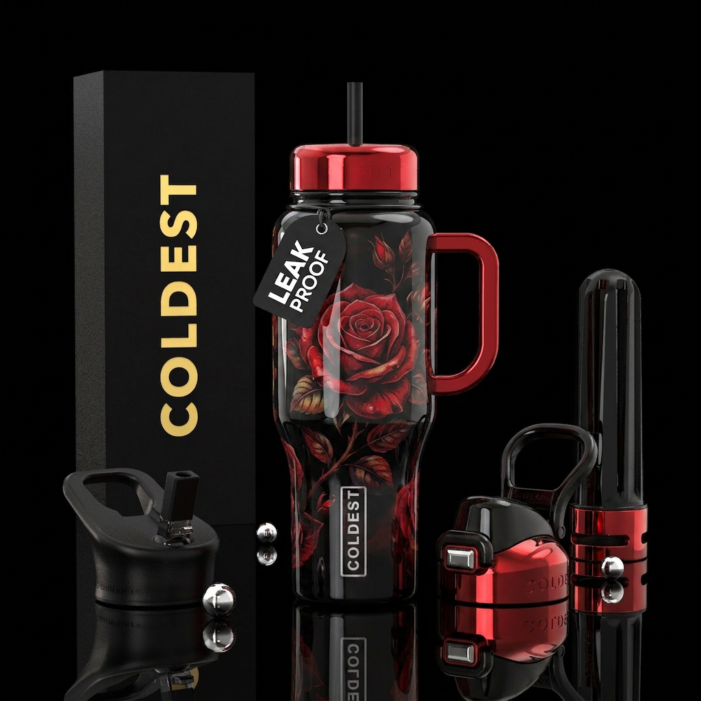 Shiny black bottle, shiny tainted inbued red rose ... water bottle design