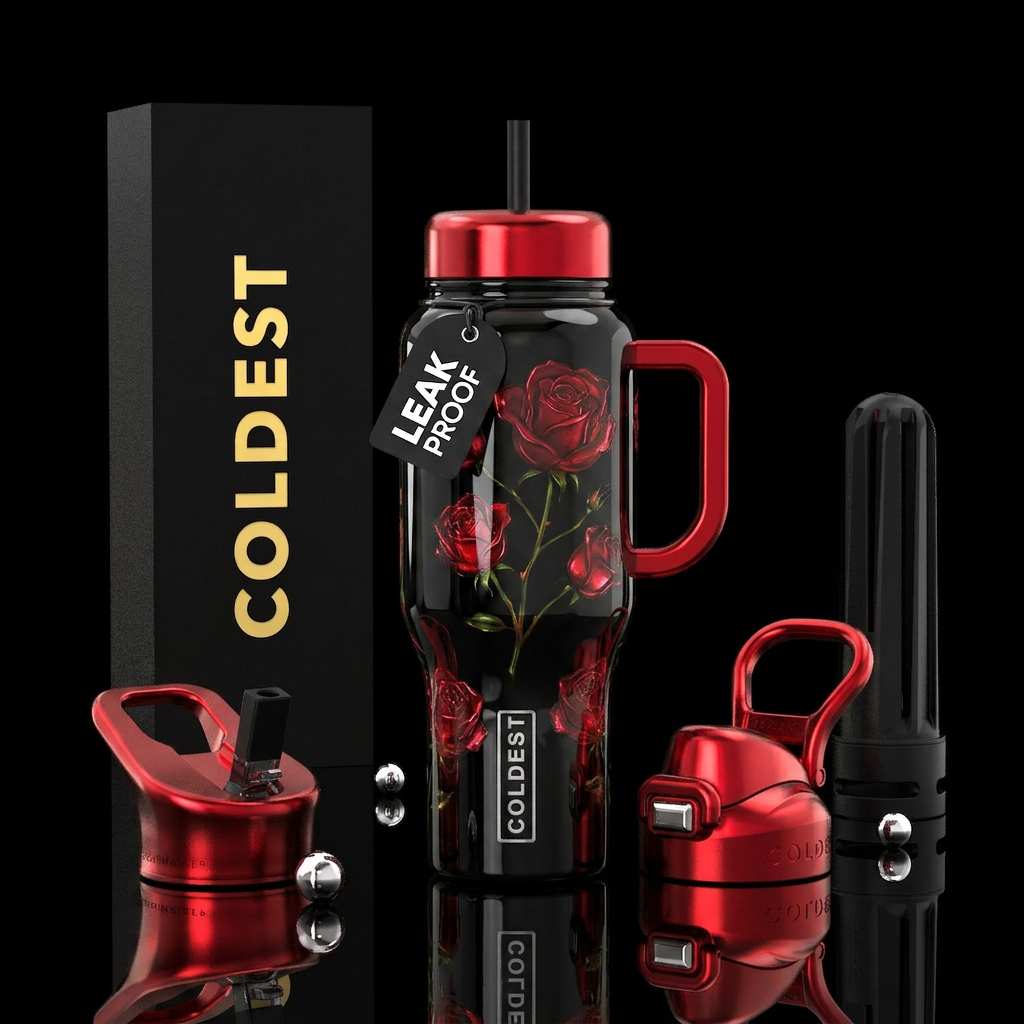 Shiny black bottle, shiny tinted inbued red rose s... water bottle design