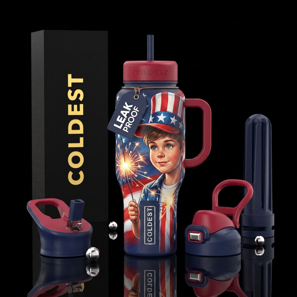 A little Patriot boy with a cap on his head with a... water bottle design
