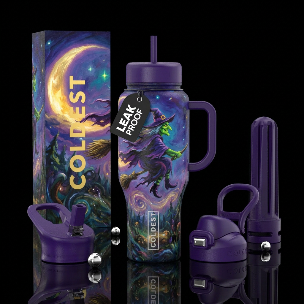 Green witch on a broom by the moon oil painted water bottle design
