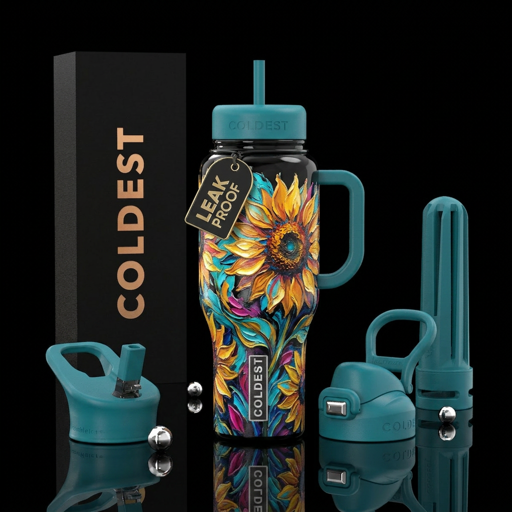 Oil painted multicolored sunflower on a black shin... water bottle design