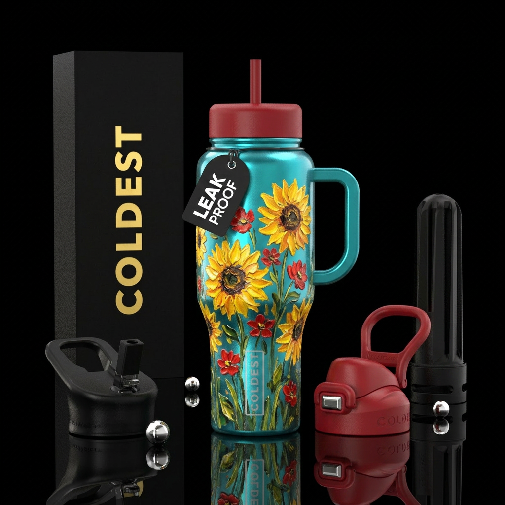 A shiny teal bottle with oil painted yellow sunflo... water bottle design