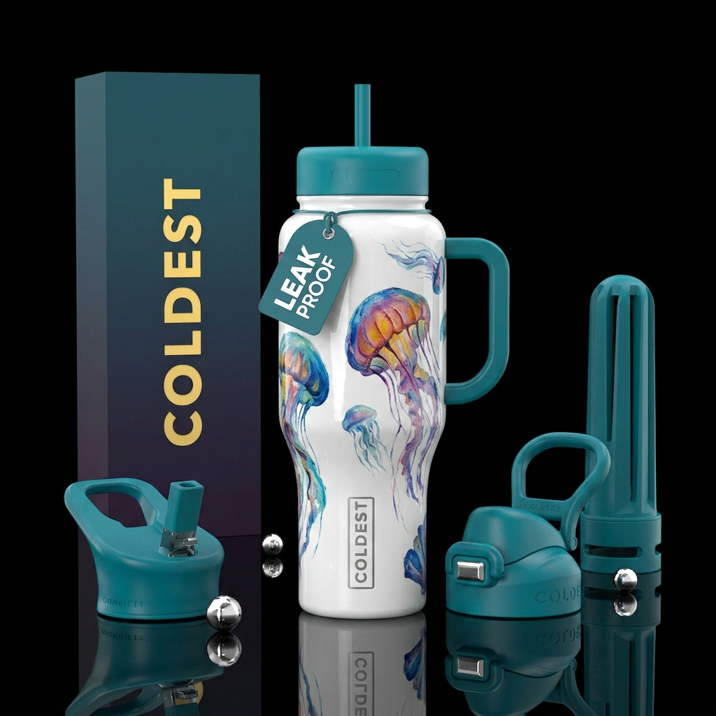 Oil painted jellyfish on a white shiny glycerin bo... water bottle design