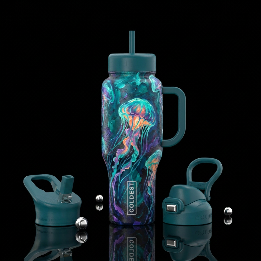Make a oil painted nice background jellyfish bottl... water bottle design