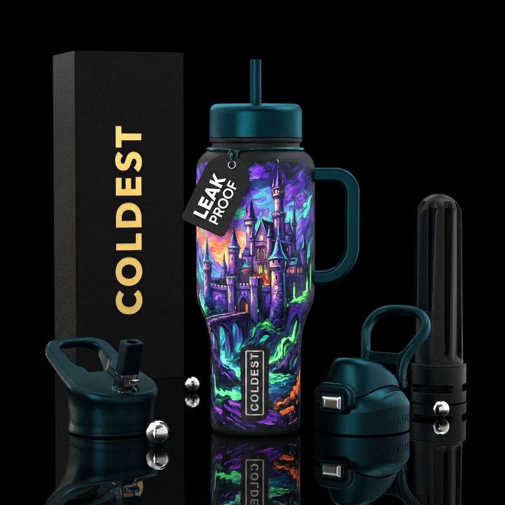 Oil painted glow in the dark Castle beautiful water bottle design