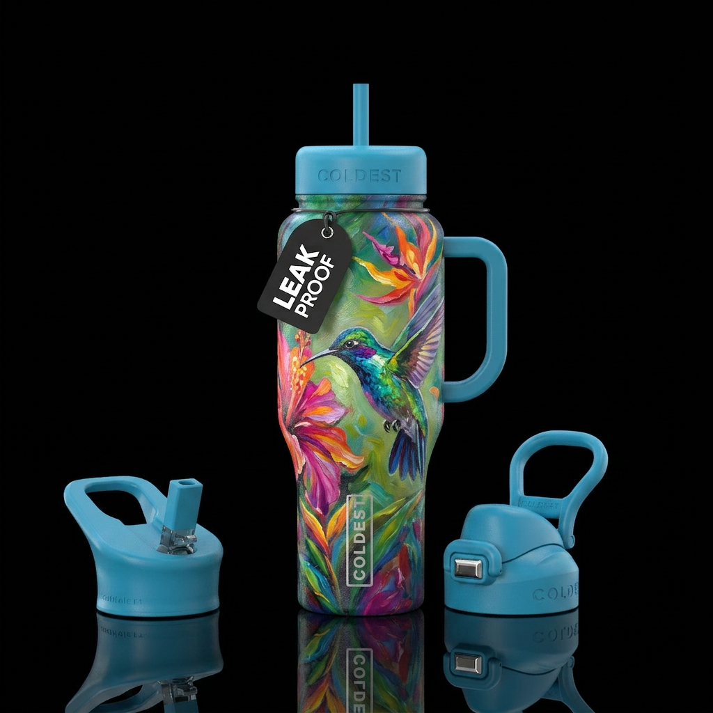 Oil painted Hummingbird drinking nectar from a flo... water bottle design