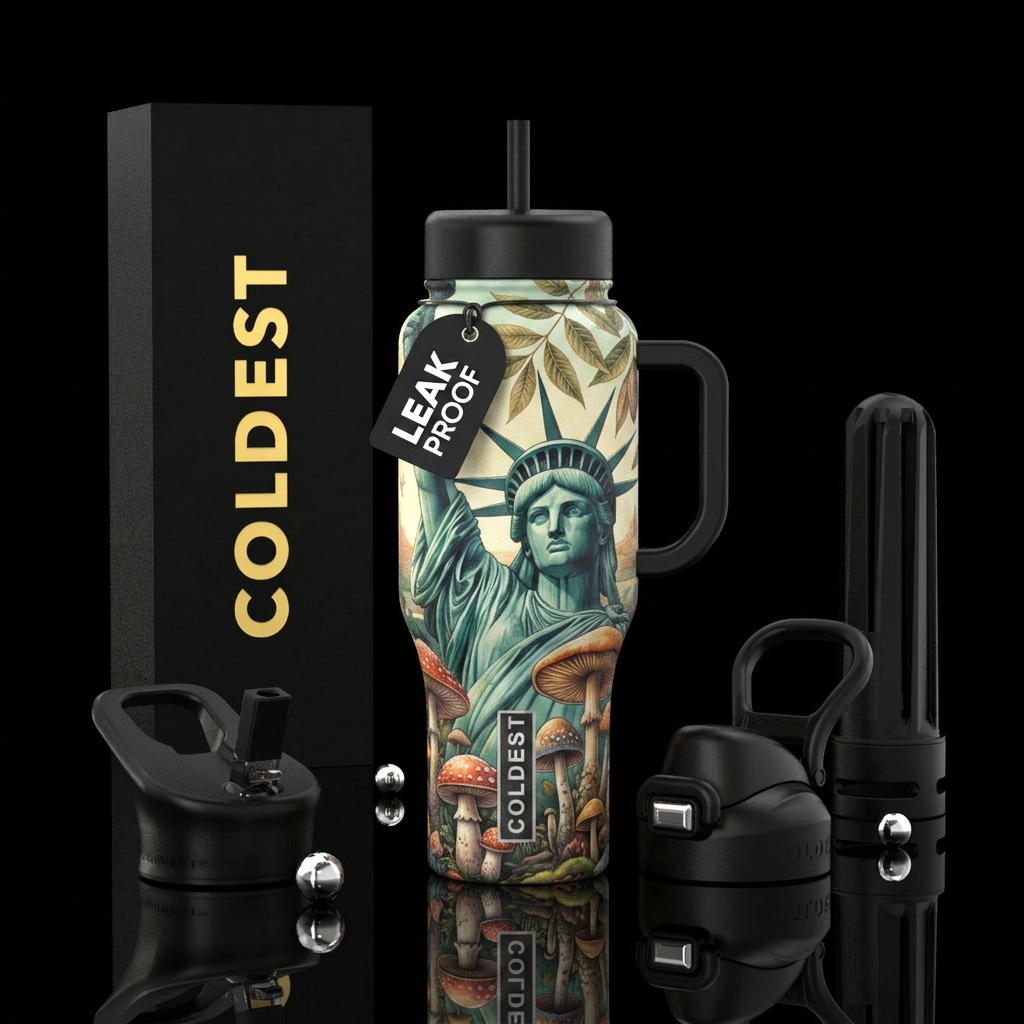 Pecan leaves ,statue ofliberty , mushrooms water bottle design