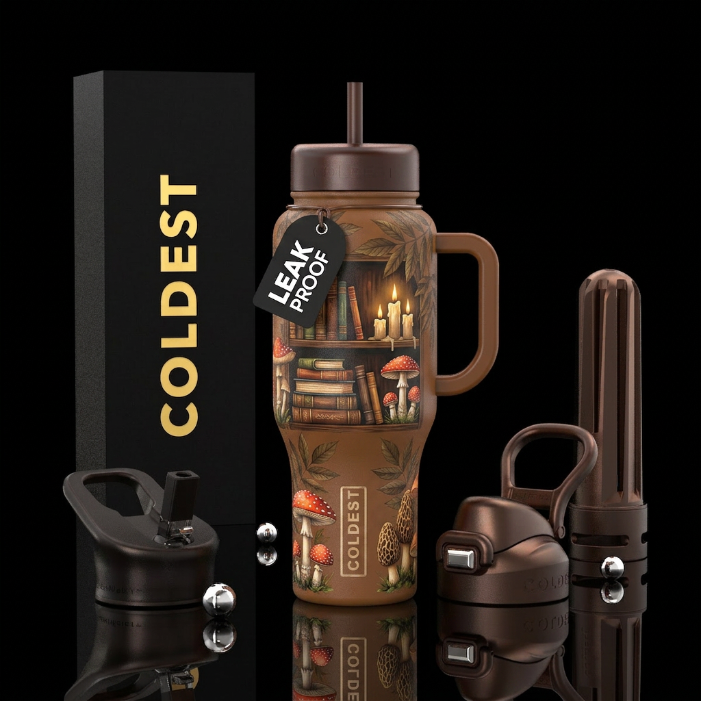 Brown bottle, ash leaves around bottle, a library ... water bottle design