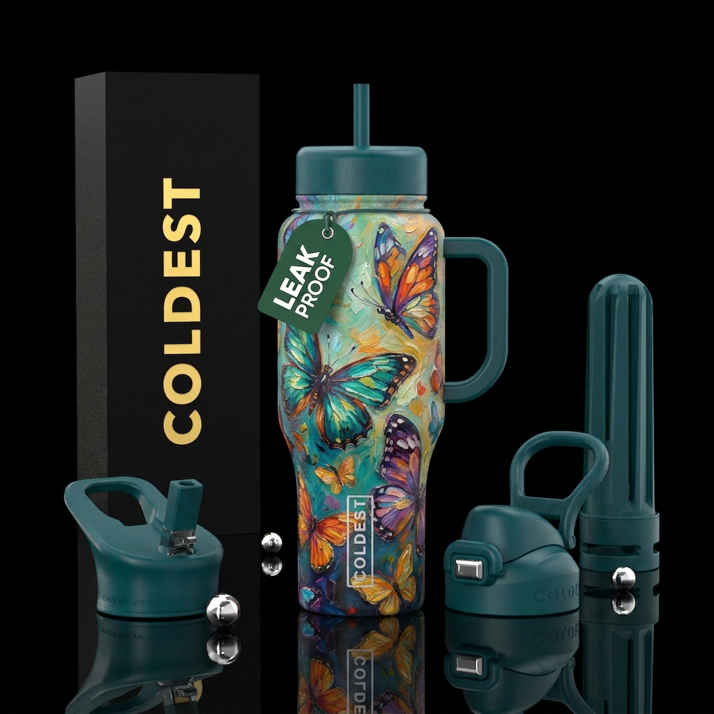 Oil painted butterfly water bottle design