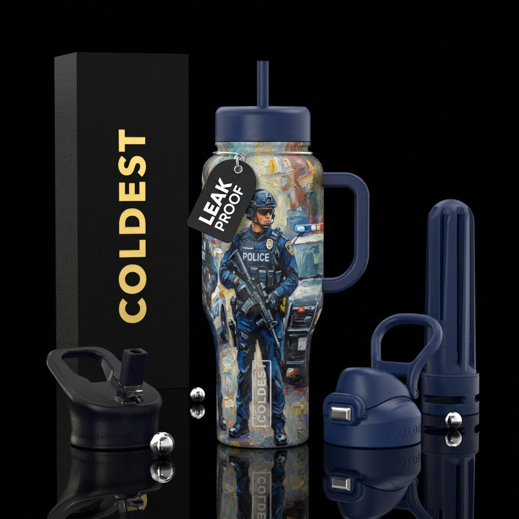 Oil painted  police officer water bottle design