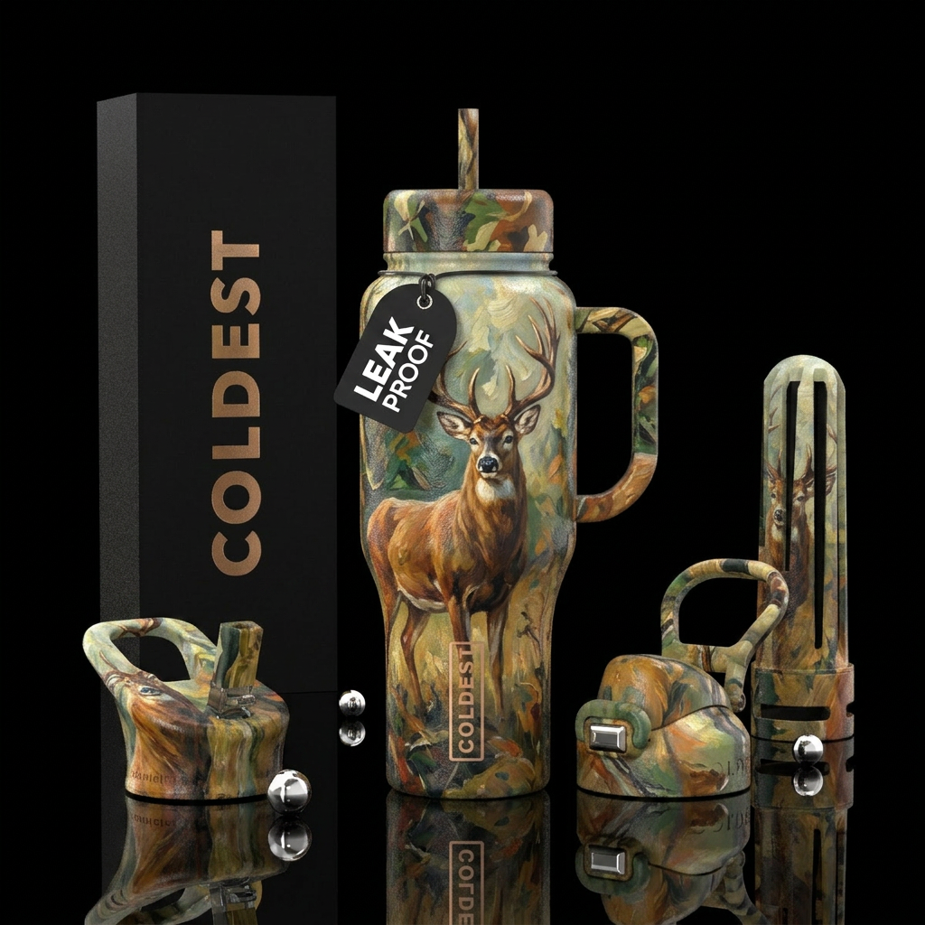 Camouflage oil painted bottle with a buck water bottle design