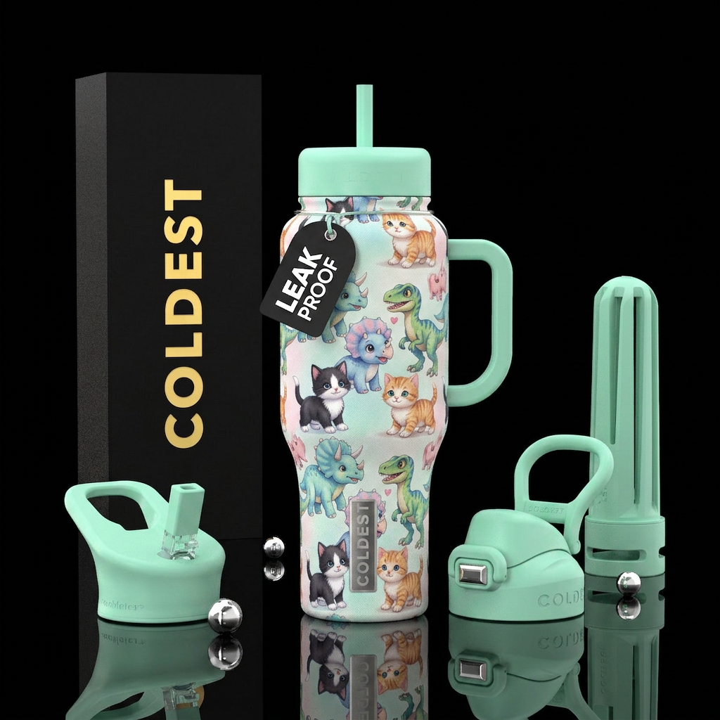 Baby dinos and kitties water bottle design
