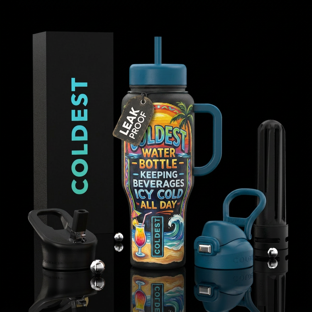 Oil painted Beach sign about the coldest water bot... water bottle design