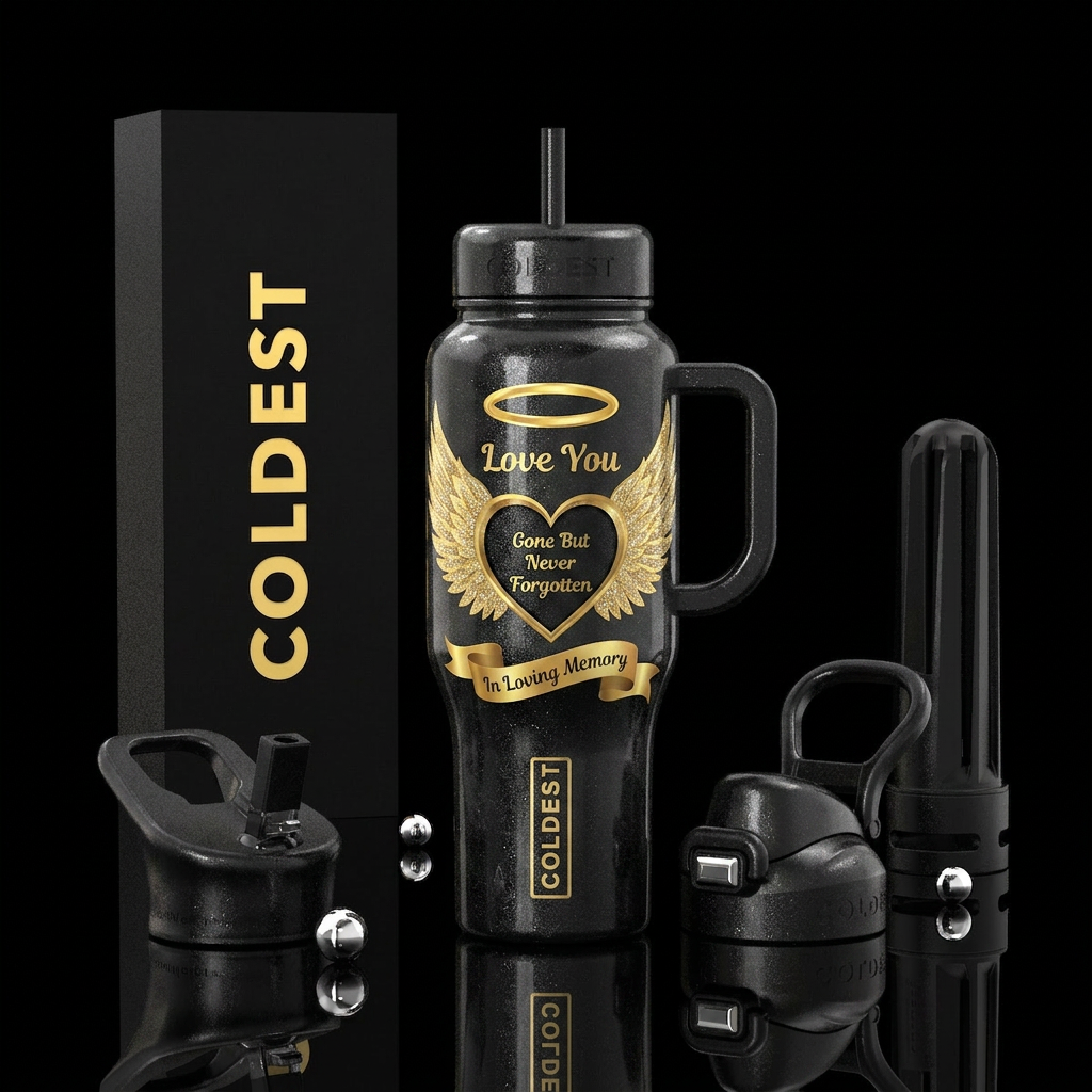 A heart w/ beautiful angel wings glittery,  A gold... water bottle design