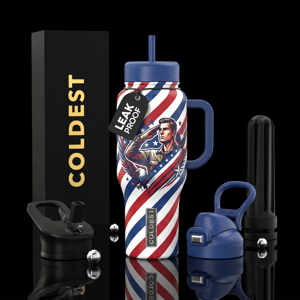 Red, white & blue stripes with a man saluting water bottle design