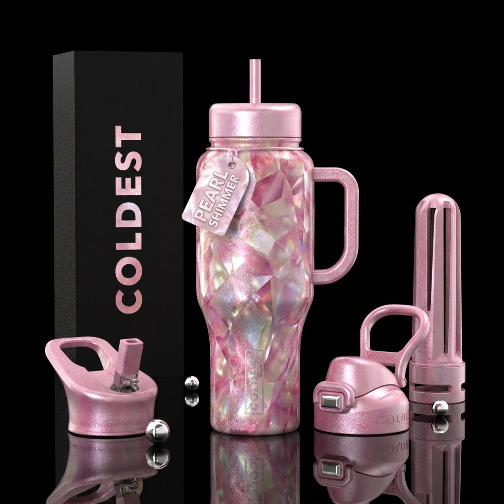 A shell with a pink pearl, shimmery diamond look b... water bottle design