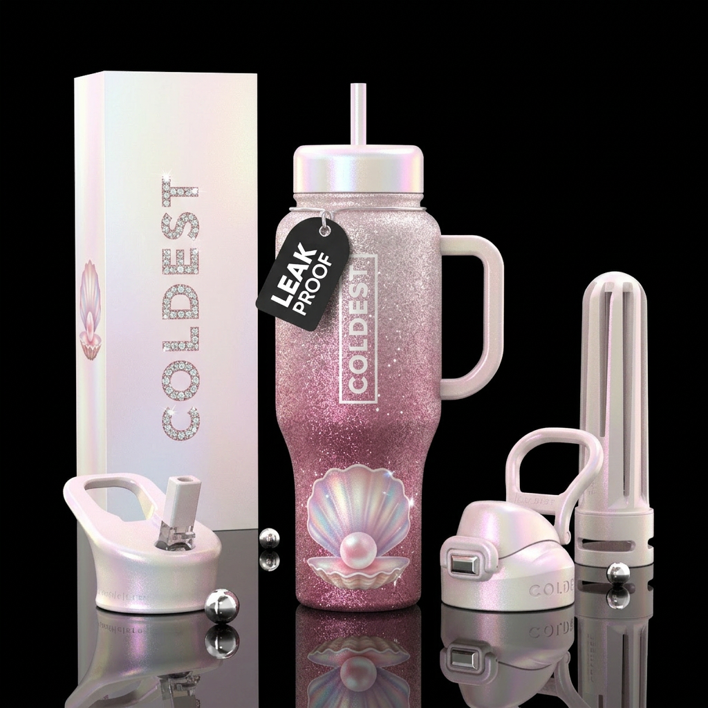 A shell with a pink pearl, shimmery diamond look b... water bottle design