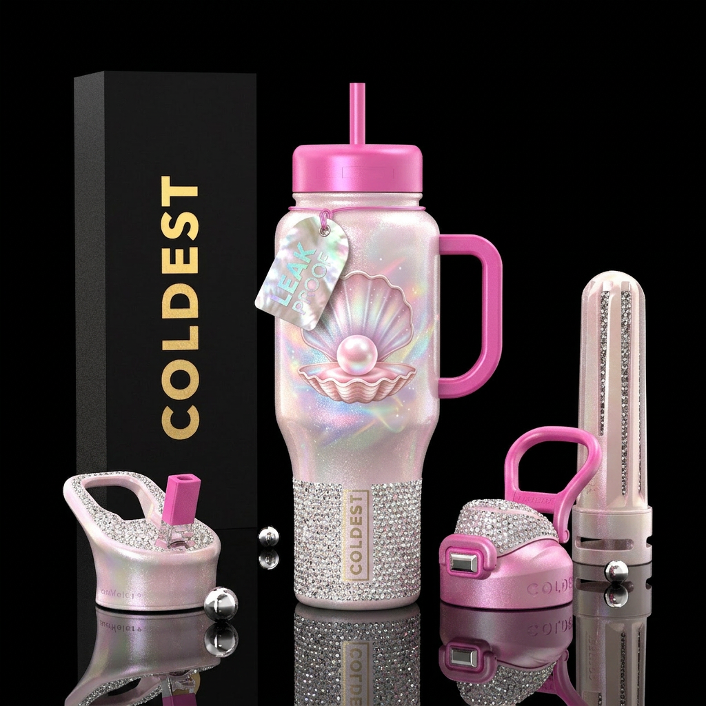 A shell with a pink pearl, shimmery diamond look b... water bottle design