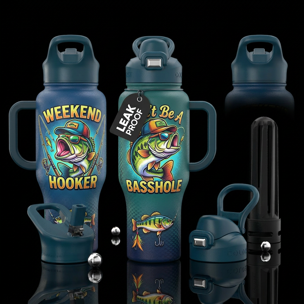 Colorful bass with a cap on & sunglasses, words "D... water bottle design