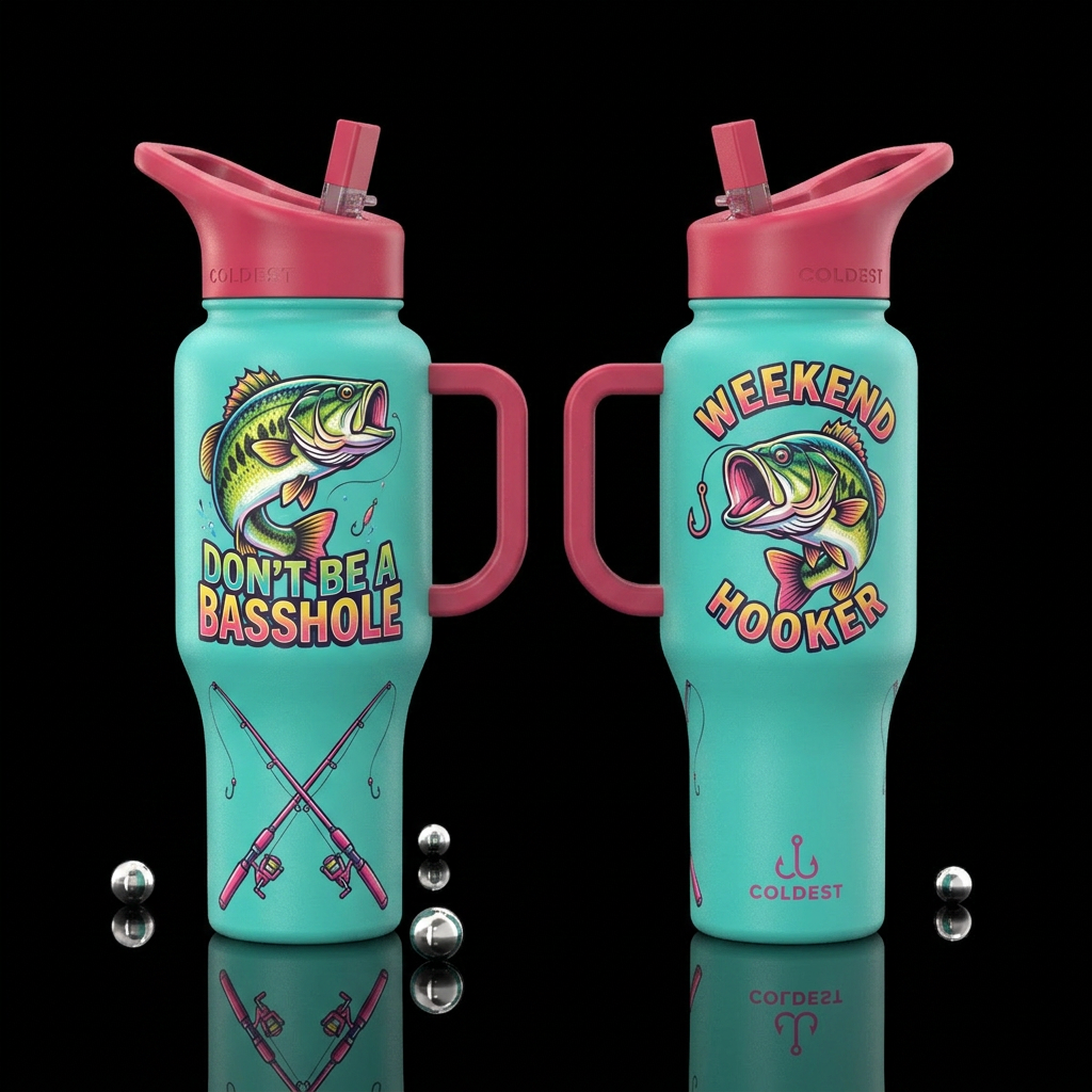 DON'T BE A BASSHOLE" Colorful bass on top words un... water bottle design