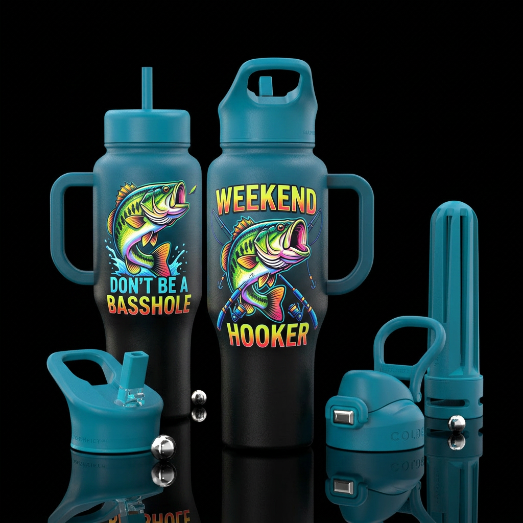 DON'T BE A BASSHOLE" Colorful bass on top words un... water bottle design