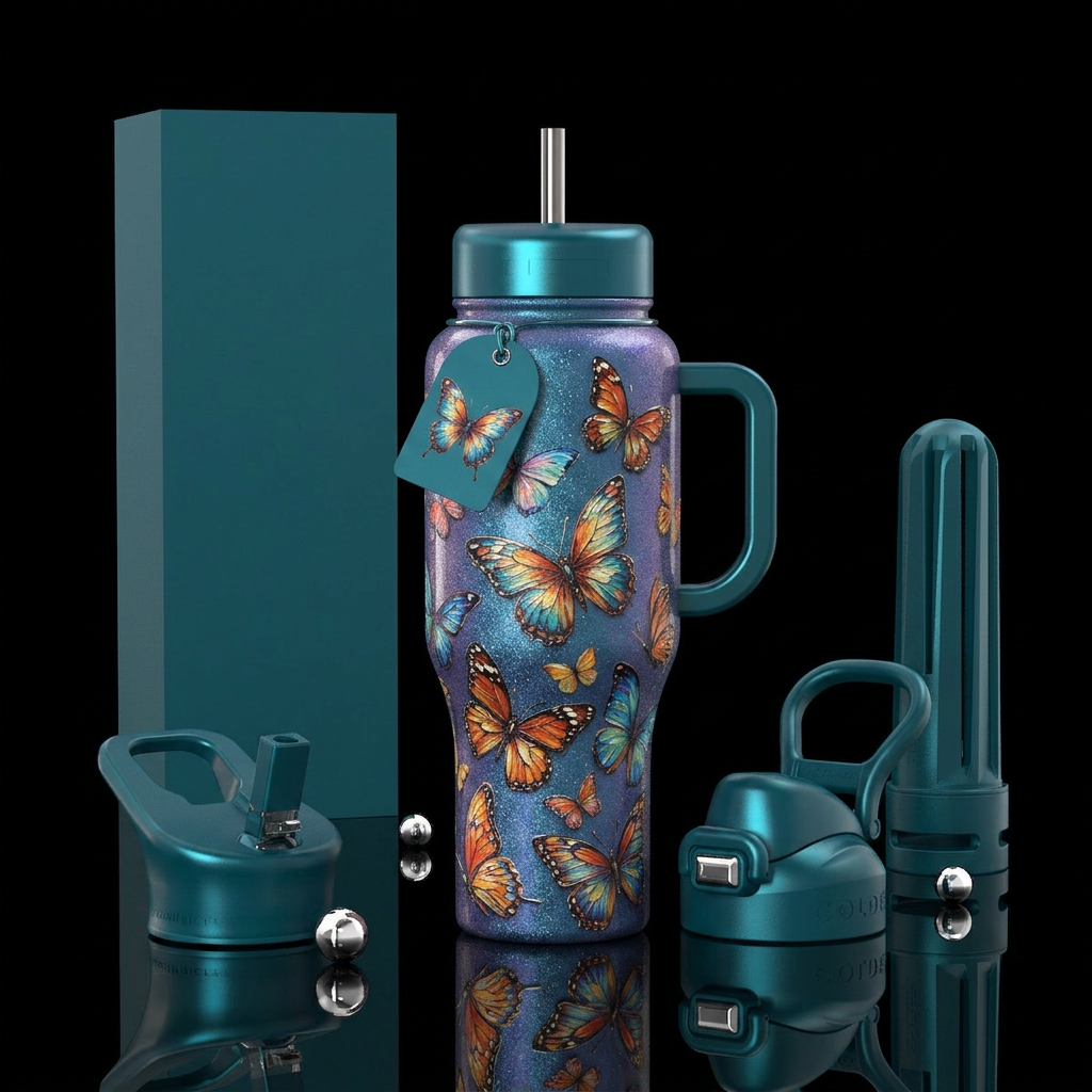 Oil painted beautiful gorgeous butterflies on a gl... water bottle design