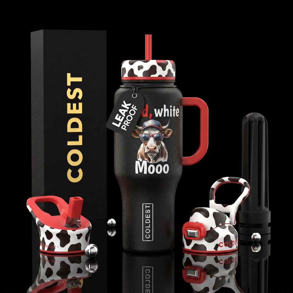 Words on top Red, white" a cow in the middle with ... water bottle design