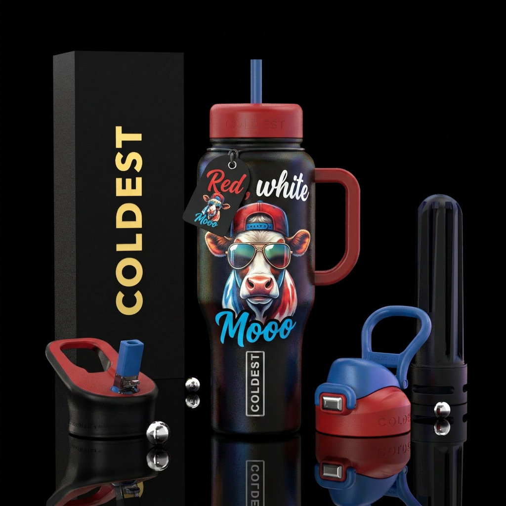 Words on top Red, white" a cow in the middle with ... water bottle design