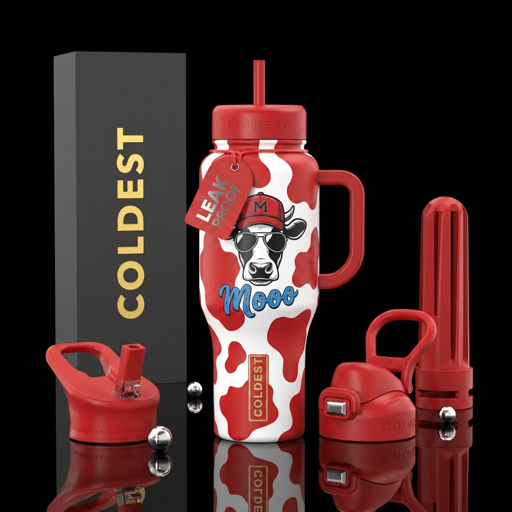 " Red, white" a cow in the middle with sunglasses ... water bottle design
