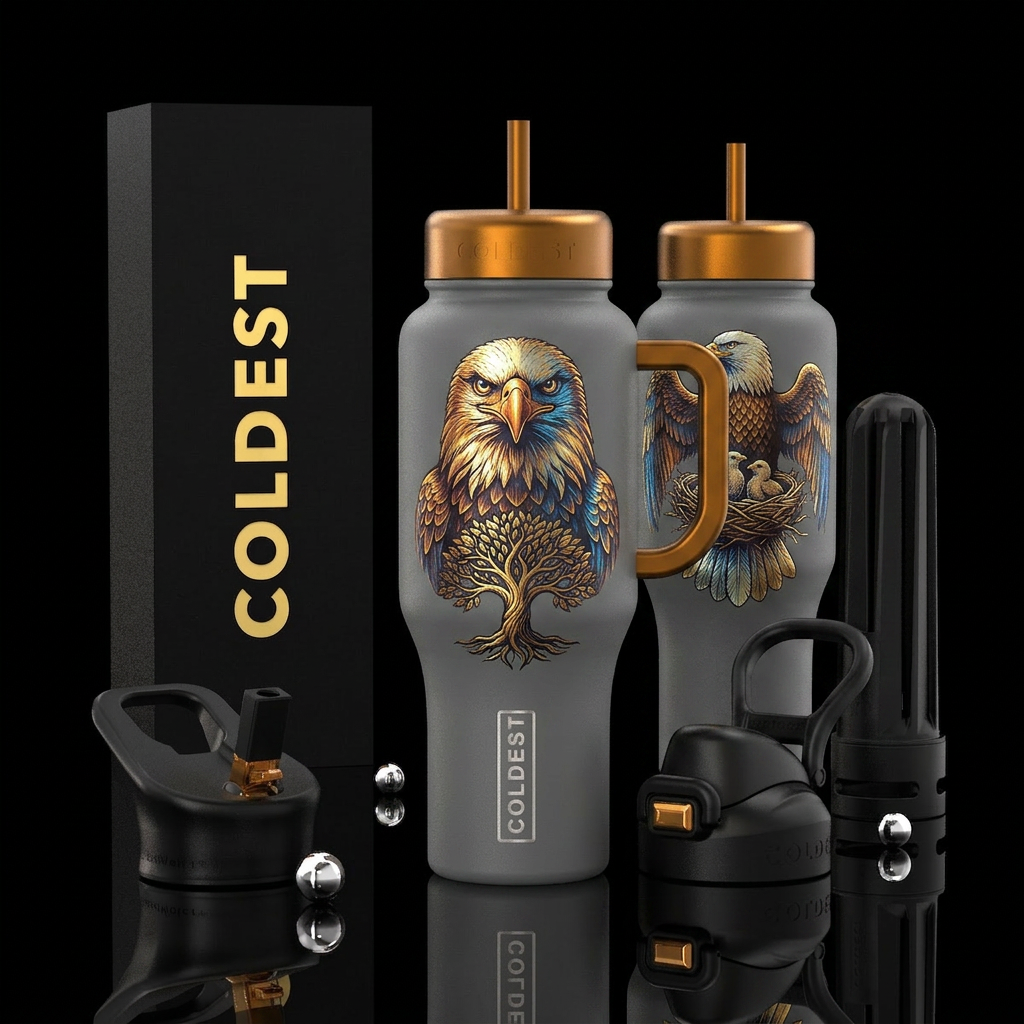 Eagle front & Back Views, Tree, nest water bottle design