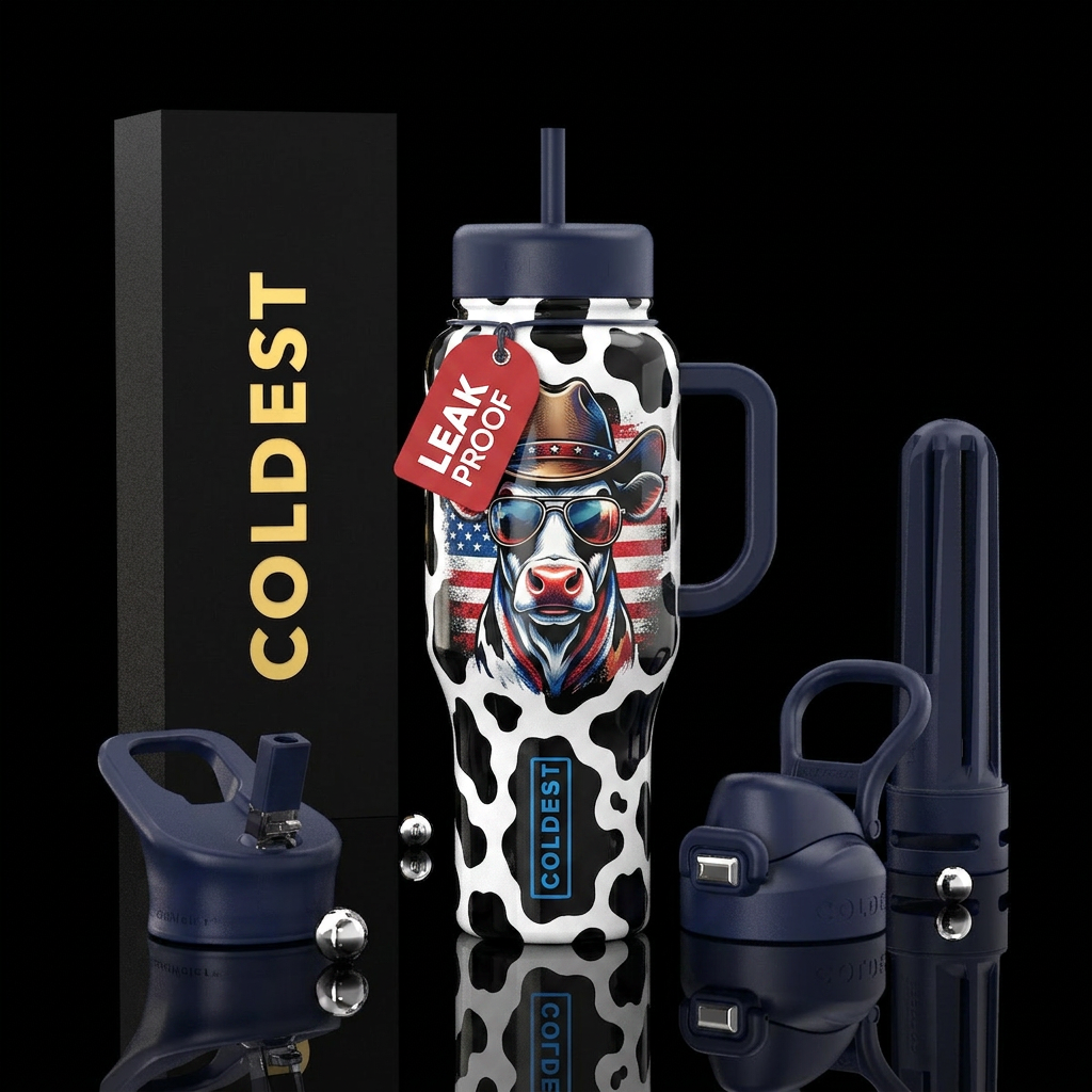 Black and white cow print bottle with red white an... water bottle design