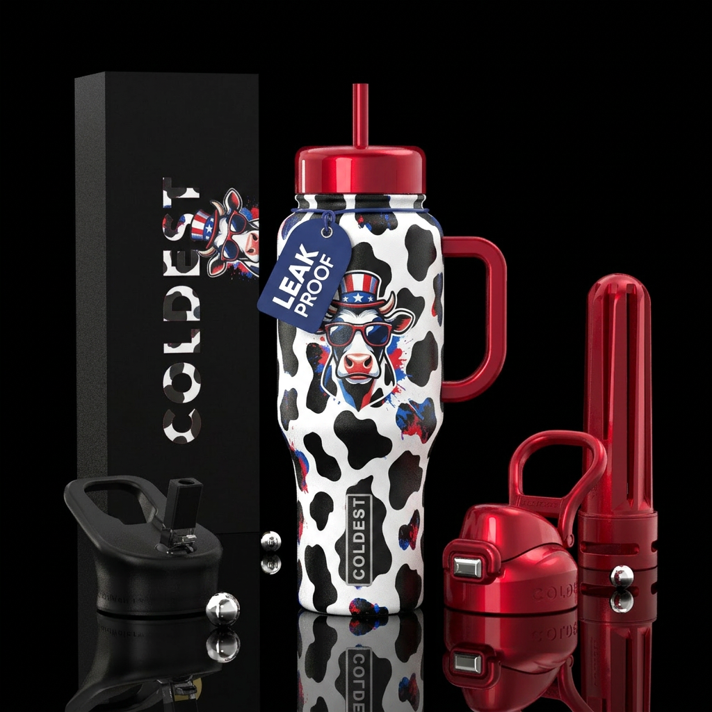 Black and white cow print bottle with red white an... water bottle design