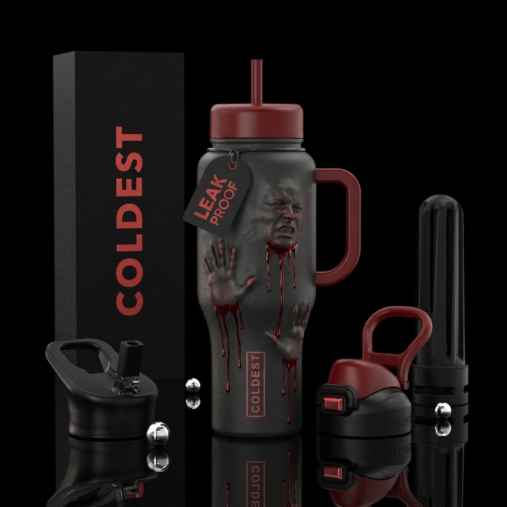Hands & face imprint, trapped inside the bottle, b... water bottle design