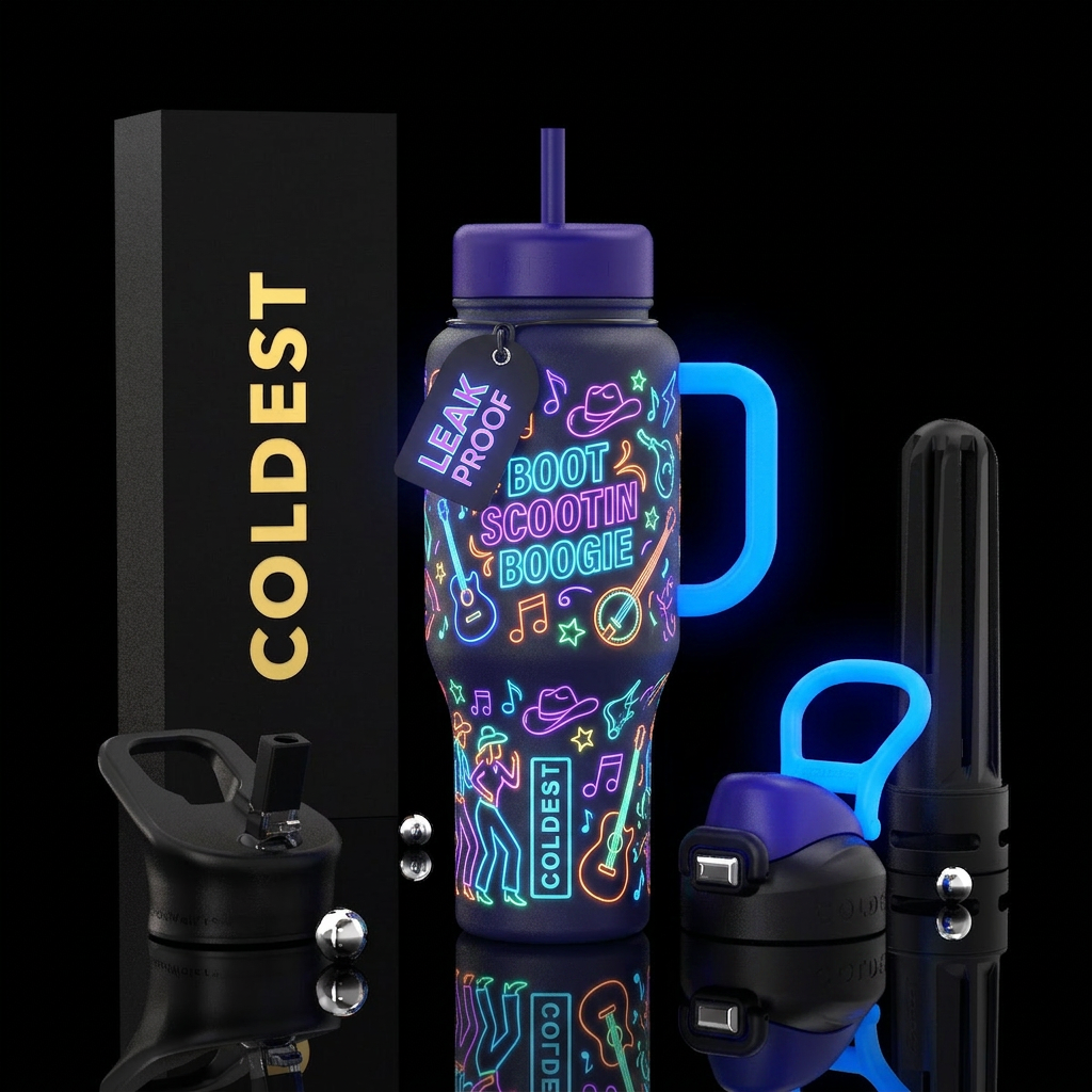 Glow-in-the-dark Boot Scootin Boogie water bottle design