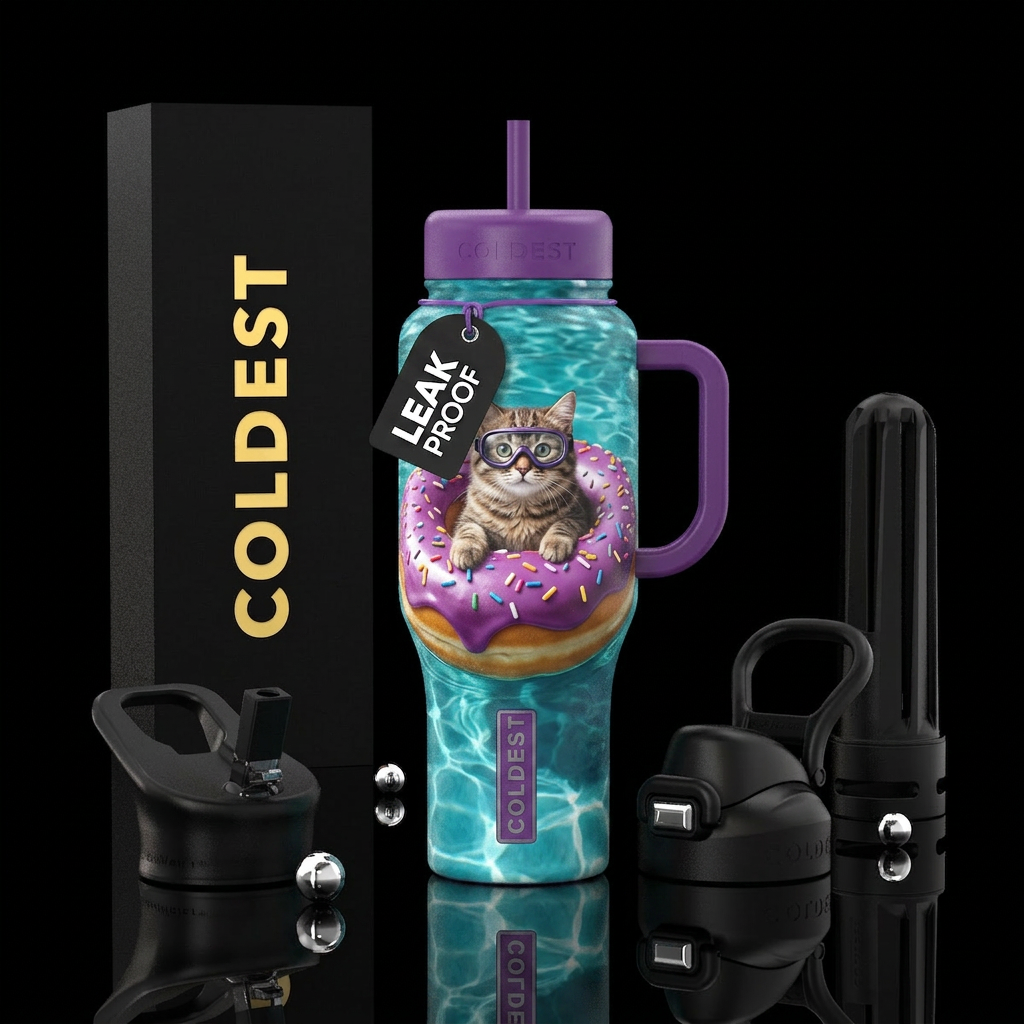A donut with purple frosting and sprinkles a cat i... water bottle design