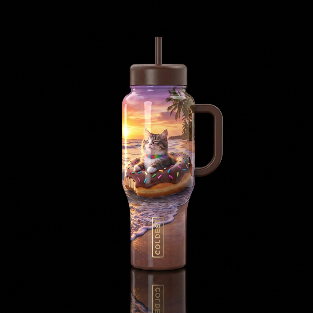 Cat floating on a Long chocolate donut w/ sprinkle... water bottle design